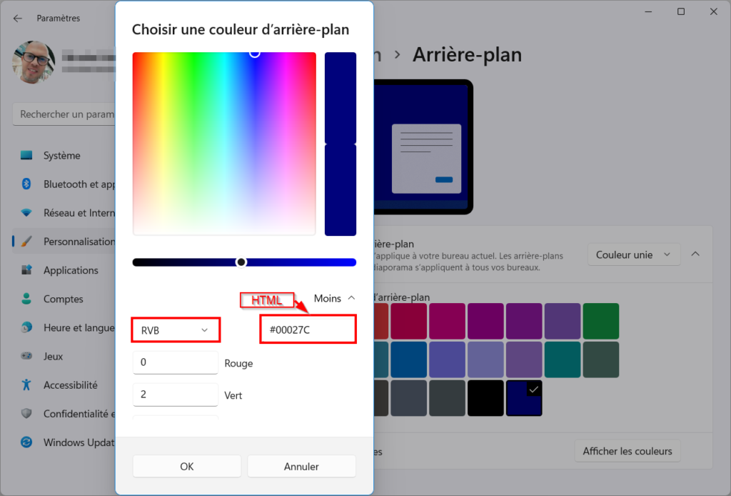 Windows 11 Personnaliser thème - HTML RVB TSV
