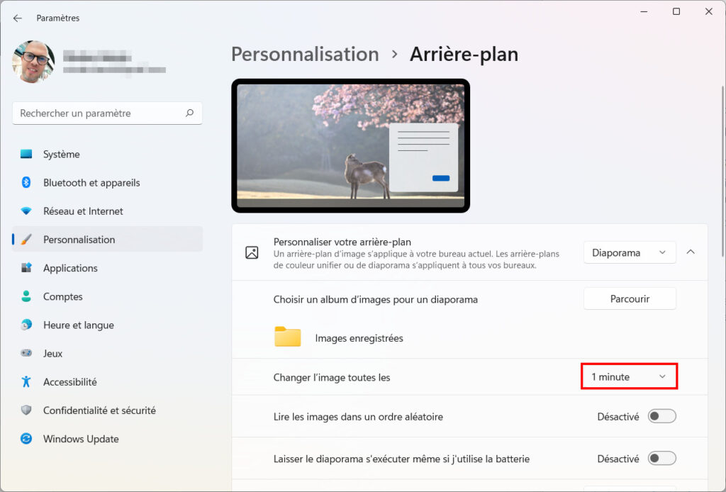 Windows 11 Personnaliser thème - Changer l'image toutes les