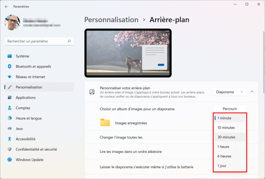 Windows 11 Personnaliser thème - Durées du minuteur diaporama