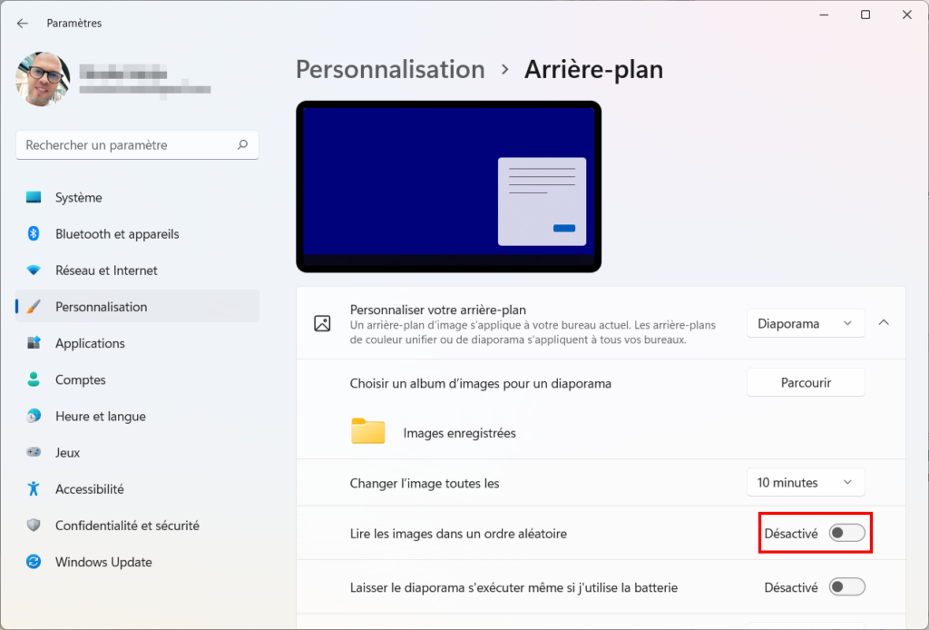 Windows 11 Personnaliser thème - Lecture aléatoire diaporama
