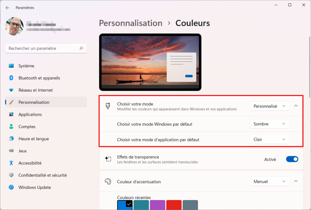 Windows 11 Personnaliser thème - Mode clair sombre thème