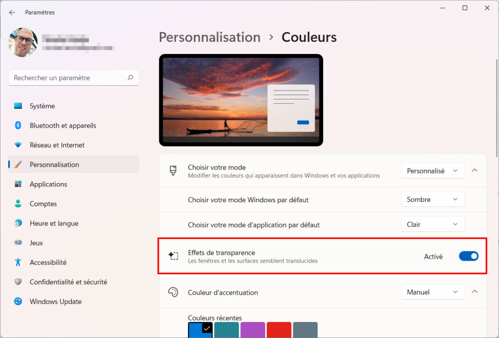 Windows 11 Personnaliser thème - Effets de transparence