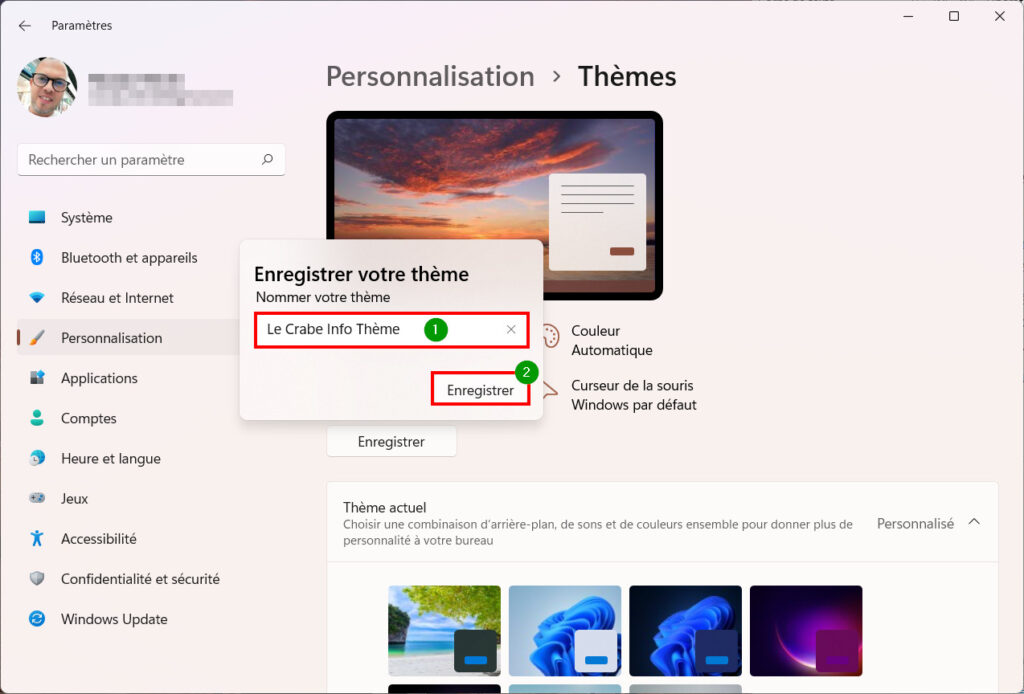 Windows 11 Personnaliser thème - Nommer nouveau thème et enregistrer