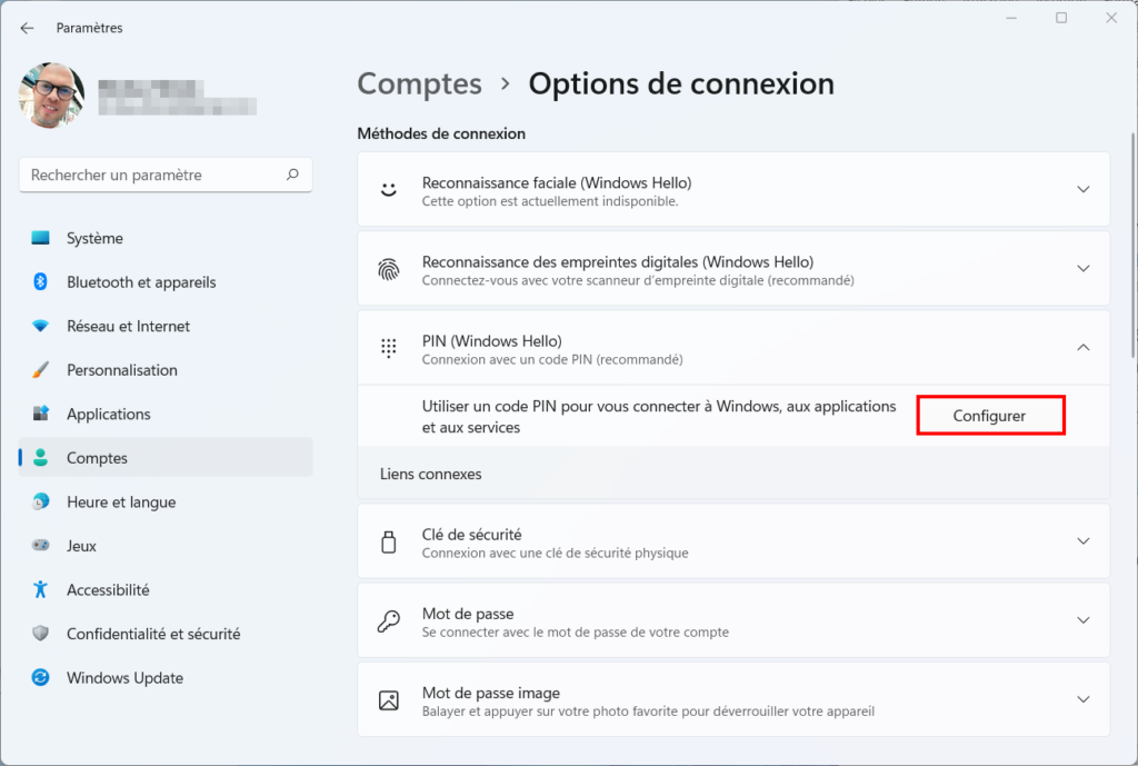 Windows 11 Windows Hello - configurer PIN