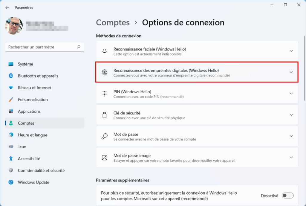 Windows 11 Windows Hello - reconnaissance empreinte digitale