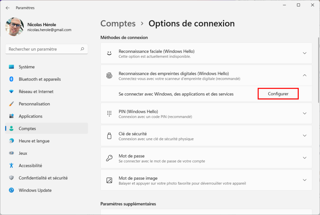 Windows 11 Windows Hello - configurer empreinte digitale