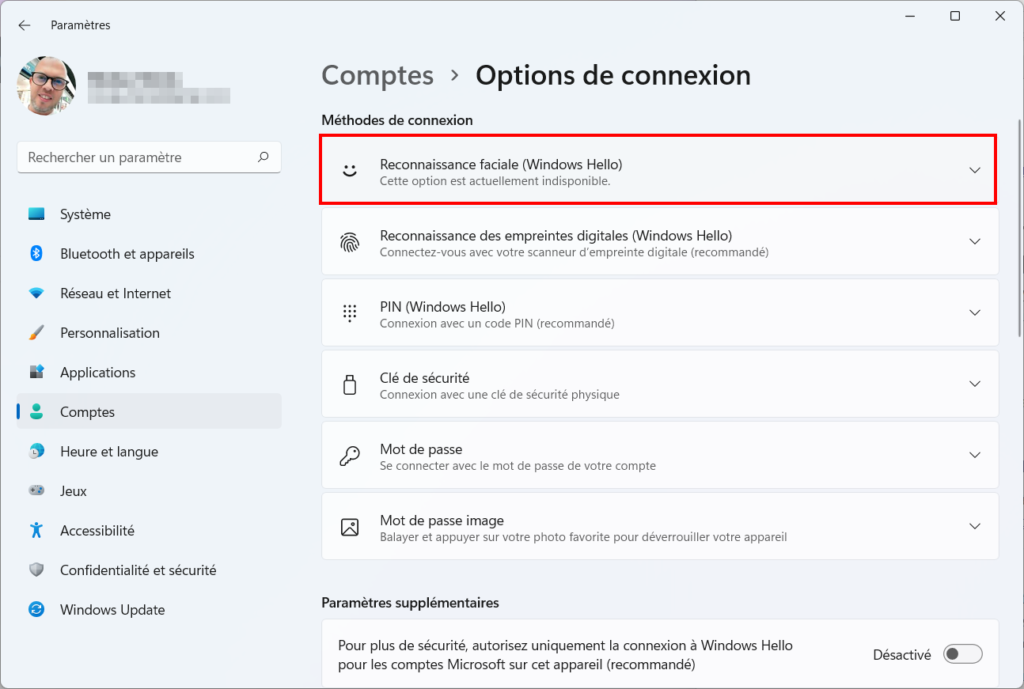 Windows 11 Windows Hello - reconnaissance faciale
