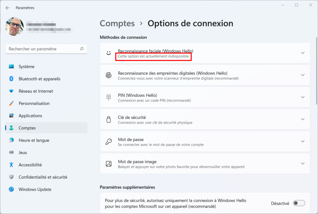 Windows 11 Windows Hello - option indisponible reconnaissance faciale