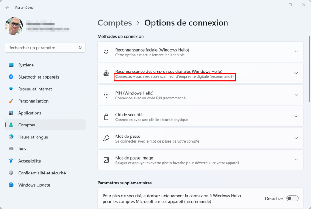 Windows 11 Windows Hello - option disponible empreinte digitale