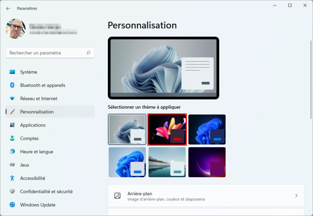 Windows 11 Changer thème - Sélectionner un thème