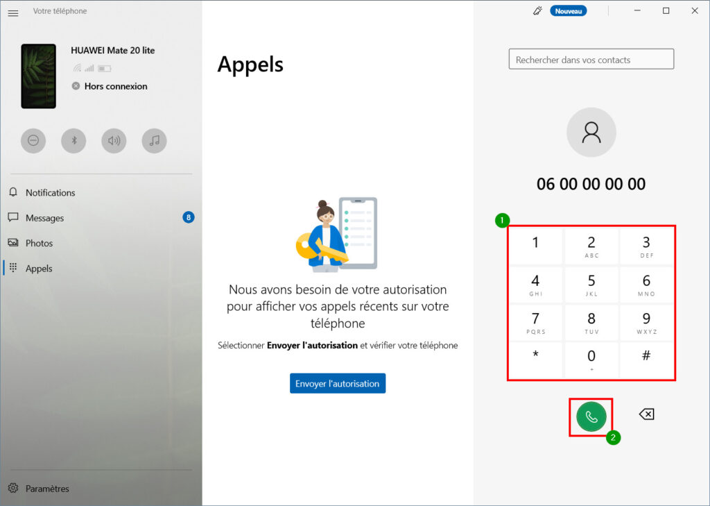 Mobile connecté Appels - composer numéro et appeler