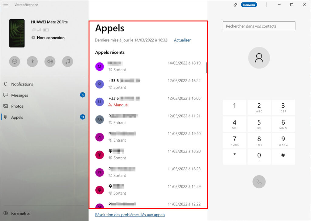 Mobile connecté Appels - historique des appels