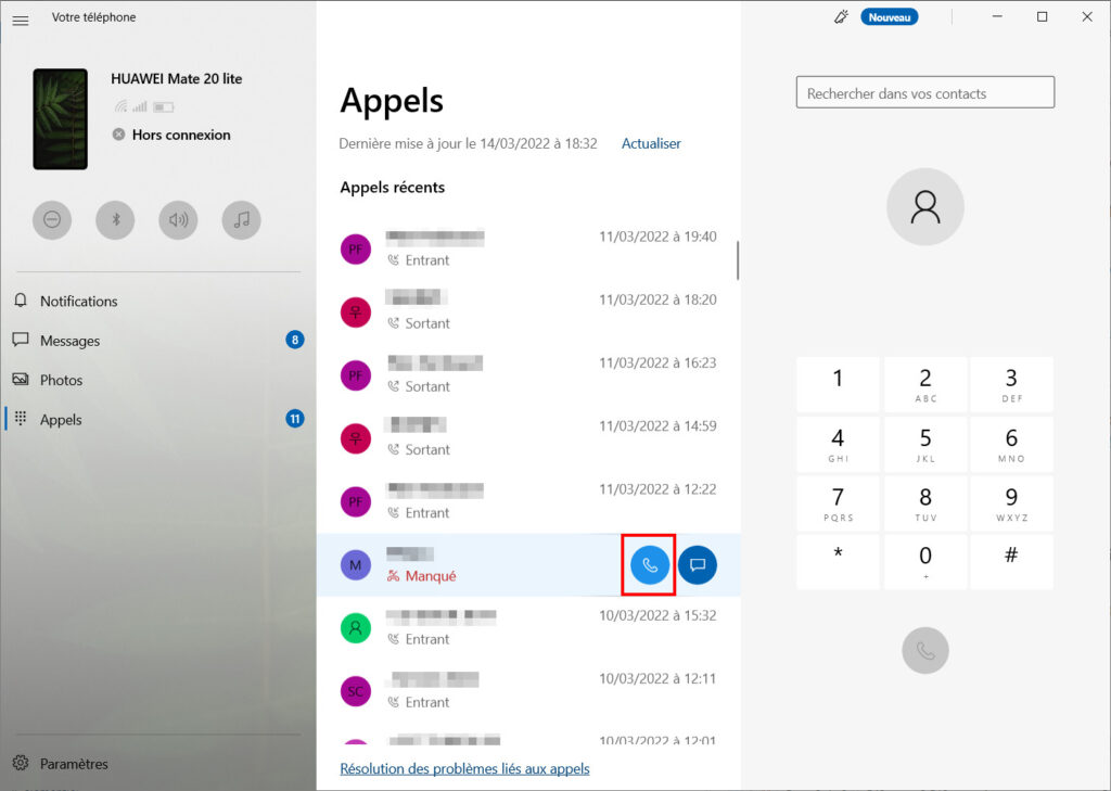 Mobile connecté Appels - appeler depuis historique des appels
