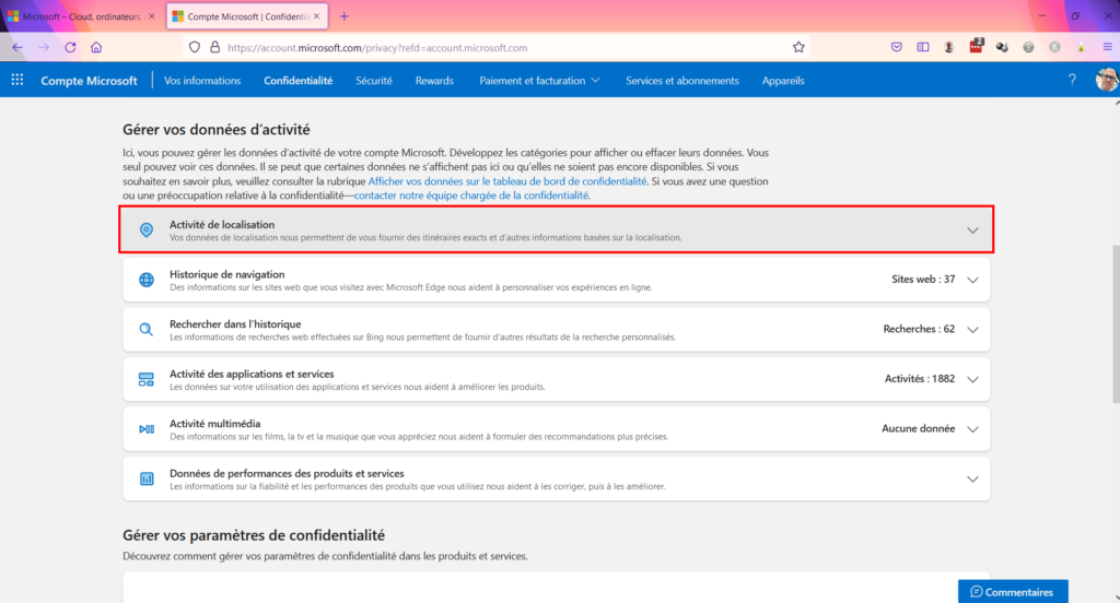 Tableau de confidentialité - ouvrir activité de localisation