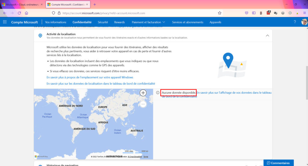 Tableau de confidentialité - aucune donnée de localisation