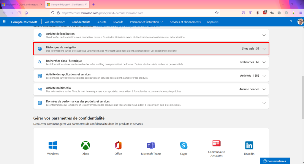 Tableau de confidentialité - historique de navigation