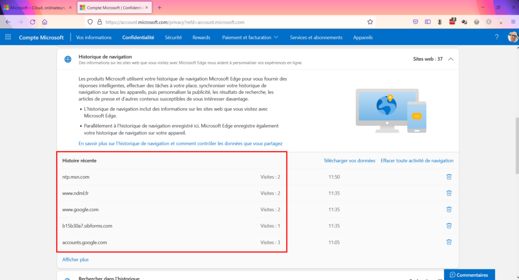 Tableau de confidentialité - consulter historique navigation