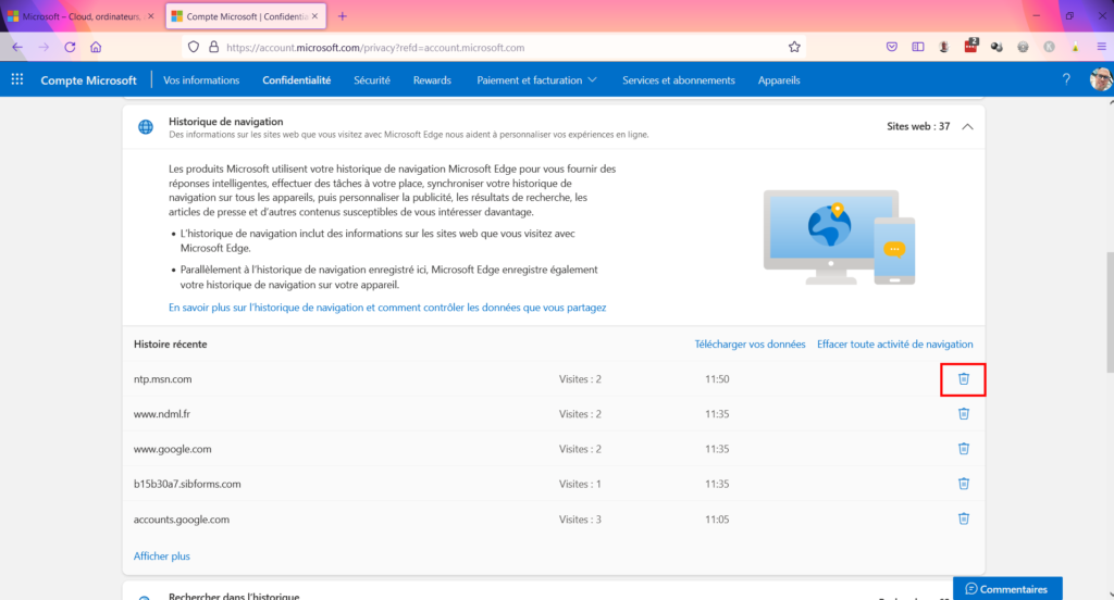 Tableau de confidentialité - effacer une activité de navigation