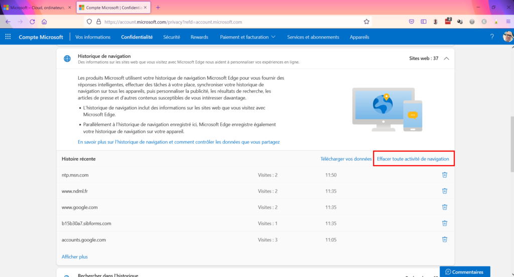 Tableau de confidentialité - effacer toutes les données de navigation