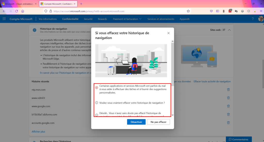 Tableau de confidentialité - informations avant suppression