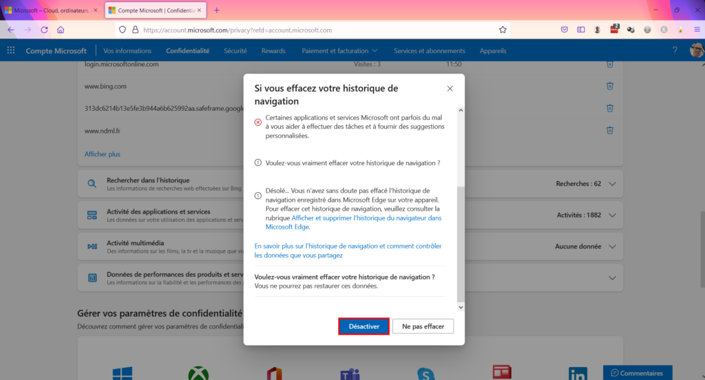 Tableau de confidentialité - désactiver pour supprimer données navigation