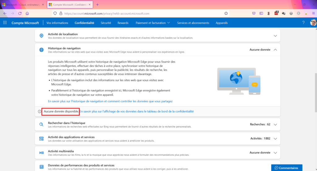 Tableau de confidentialité - données navigation supprimées