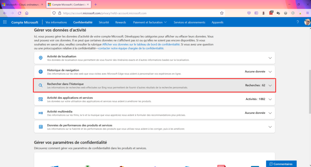 Tableau de confidentialité - rechercher dans l'historique