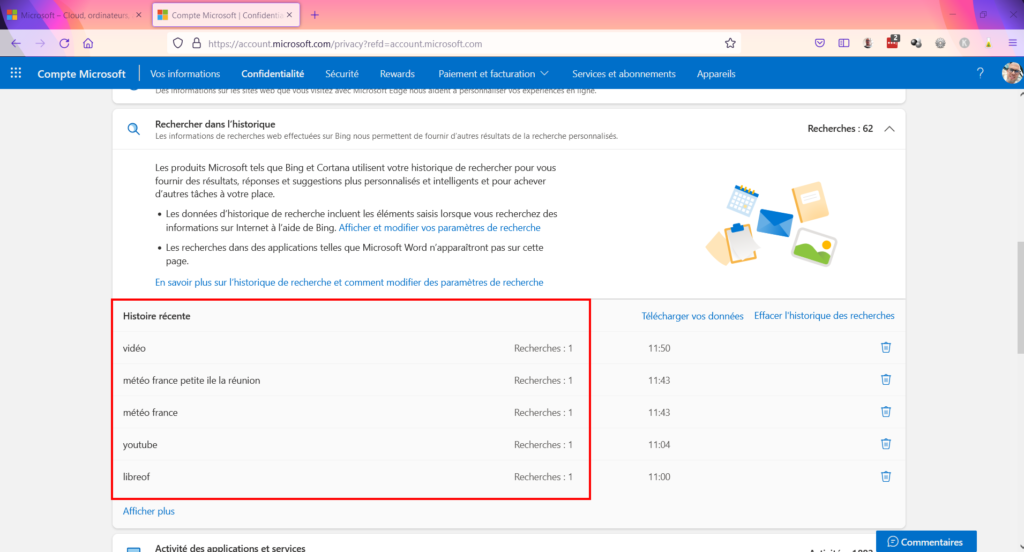 Tableau de confidentialité - historique de recherches bing