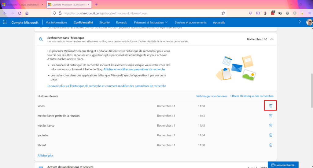 Tableau de confidentialité - effacer une recherche Bing
