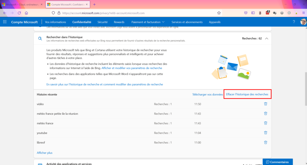 Tableau de confidentialité - supprimer historique recherches Bing