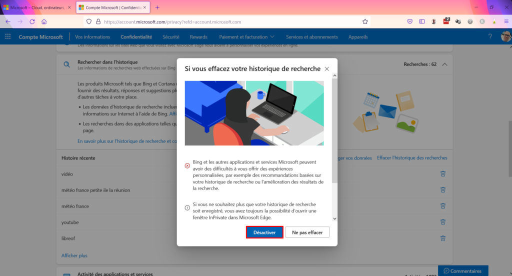 Tableau de confidentialité - supprimer historique recherches bing