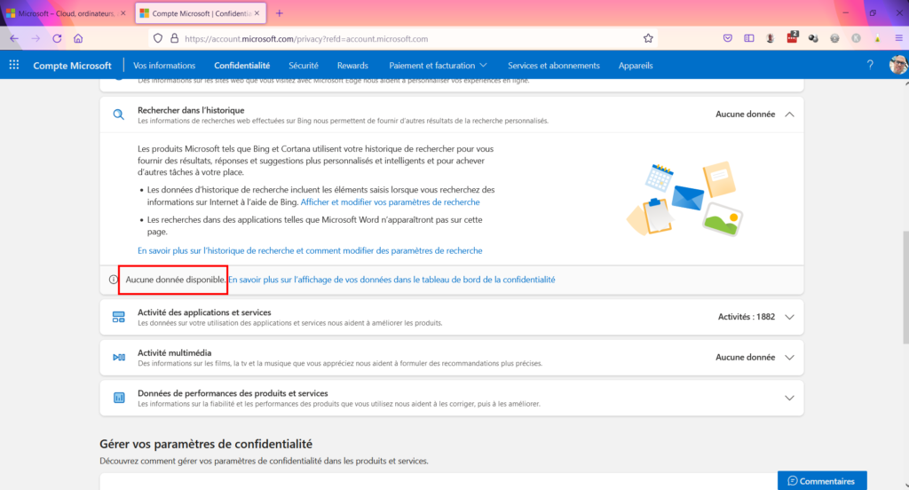 Tableau de confidentialité - aucune donnée de recherche