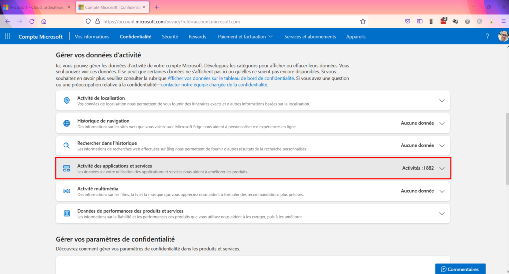 Tableau de confidentialité - activité des applications et services