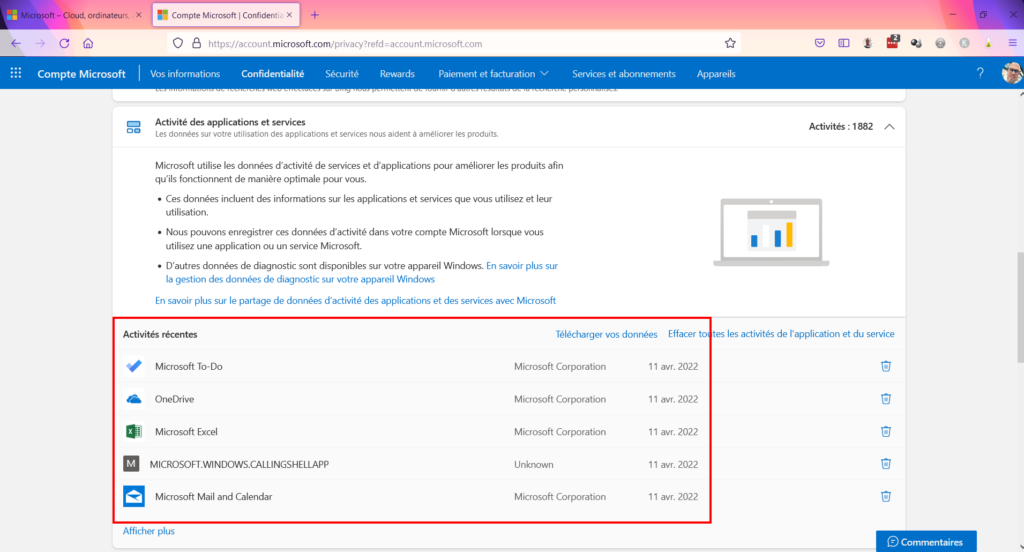 Tableau de confidentialité - historique des activités récentes