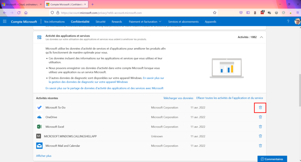 Tableau de confidentialité - supprimer une activité