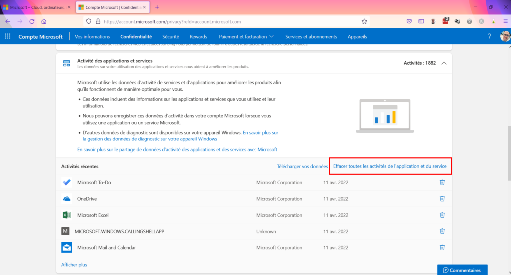 Tableau de confidentialité - effacer historique activités