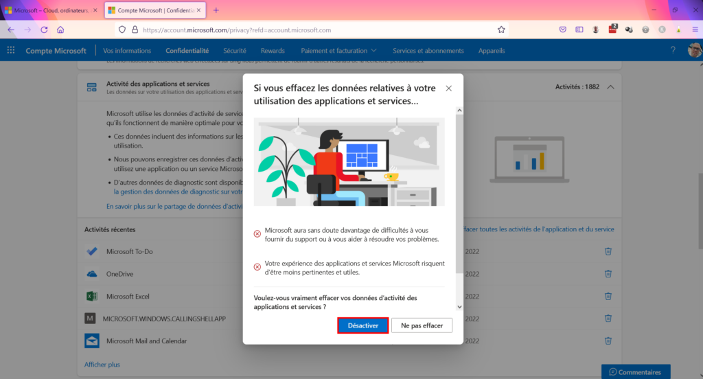 Tableau de confidentialité - supprimer activités