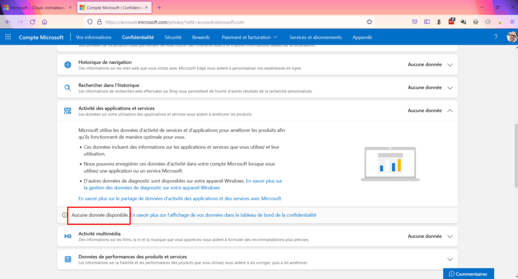 Tableau de confidentialité - données activités effacées