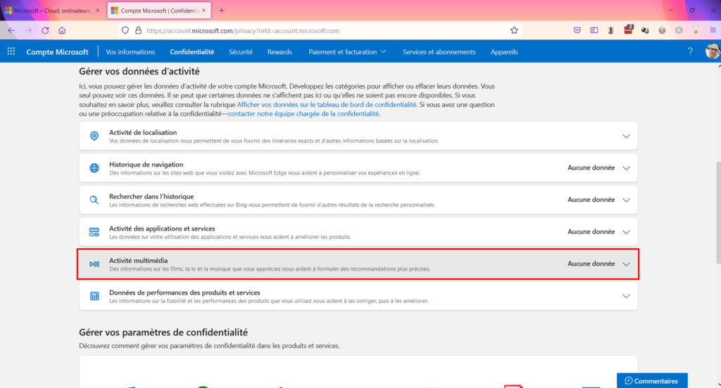 Tableau de confidentialité - activité multimédia