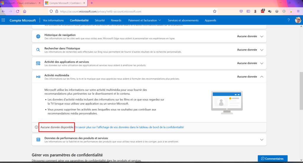 Tableau de confidentialité - activité multimédia données non disponibles