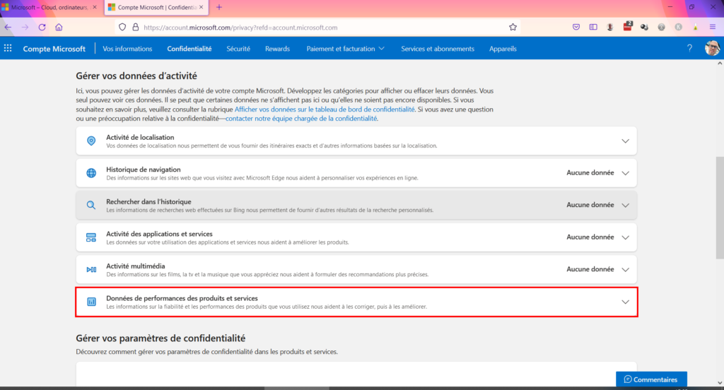 Tableau de confidentialité - données de performances des produits et services