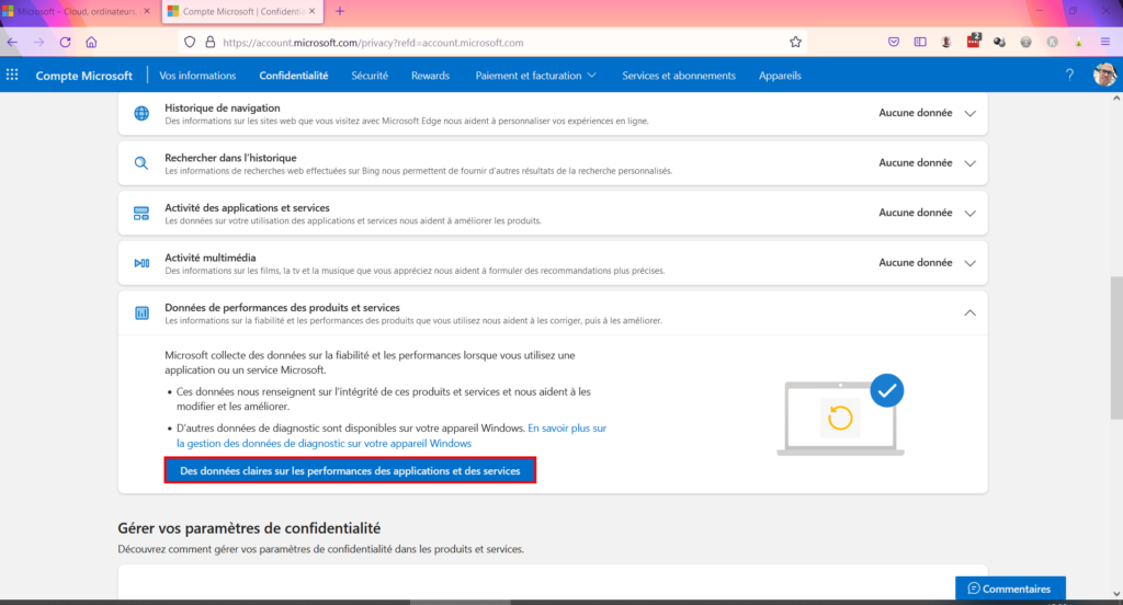Tableau de confidentialité - données claires effacer