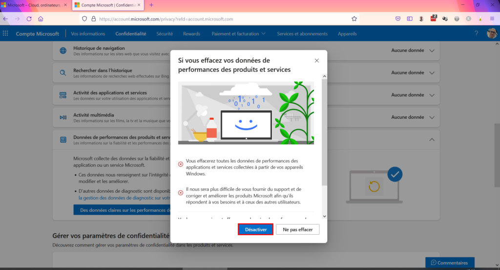 Tableau de confidentialité - effacer données de performances produits et services