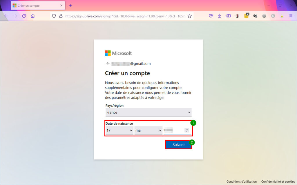 Créer compte Microsoft - Région et date de naissance