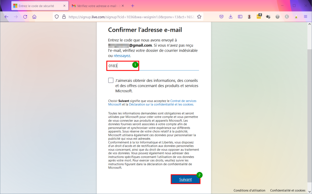 Créer compte Microsoft - Utiliser code de sécurité