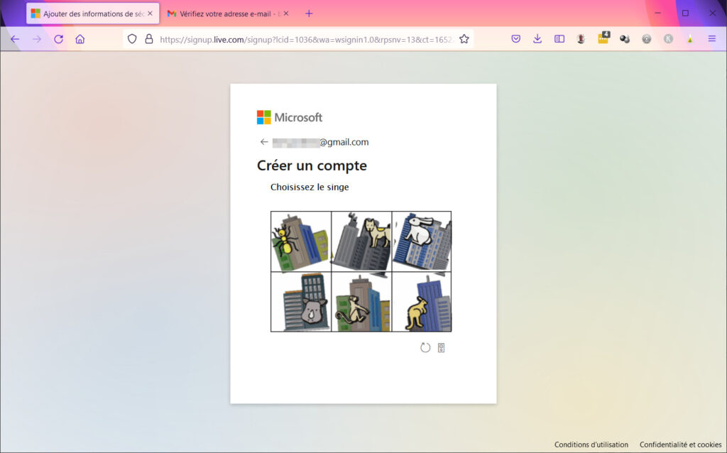 Créer compte Microsoft - Captcha Microsoft