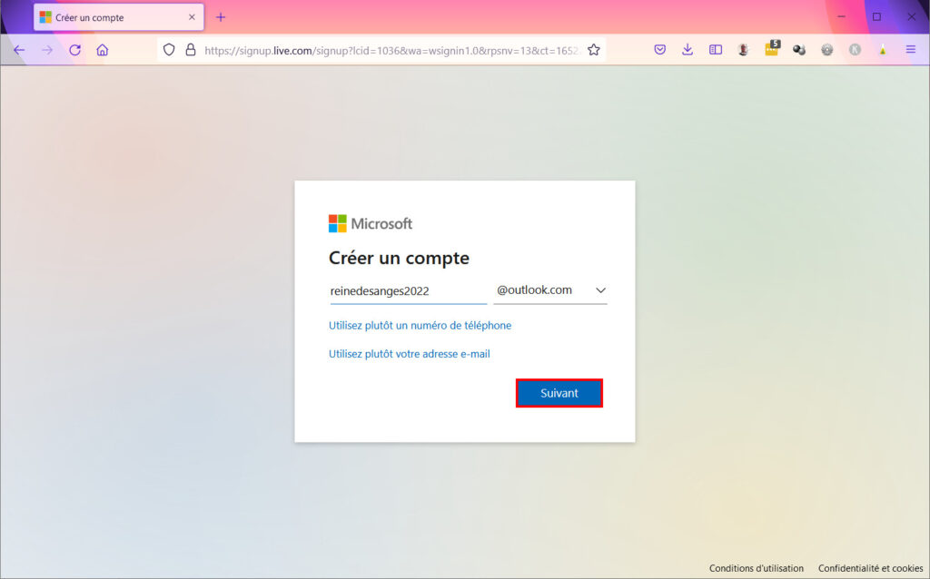 Créer compte Microsoft - Mail choisi