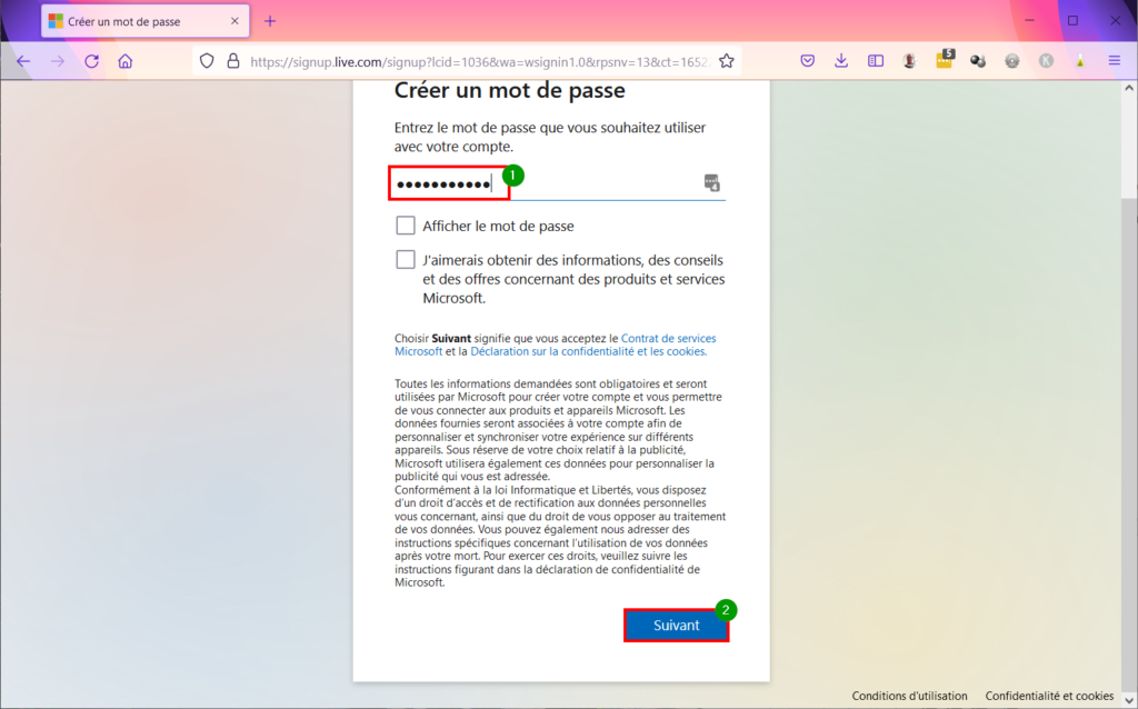 Créer compte Microsoft - Créer motre de passe et suivant
