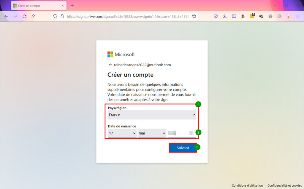 Créer compte Microsoft - Région et date de naissance