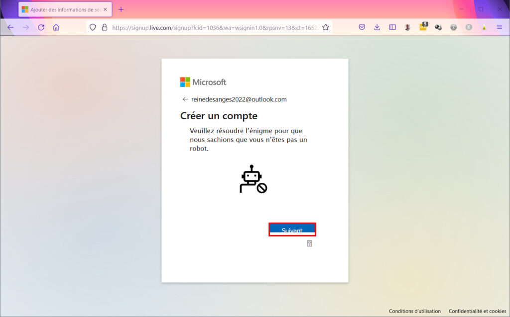 Créer compte Microsoft - énigme antirobot
